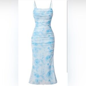 Light Blue Tie-Dye Ruched Slip Dress